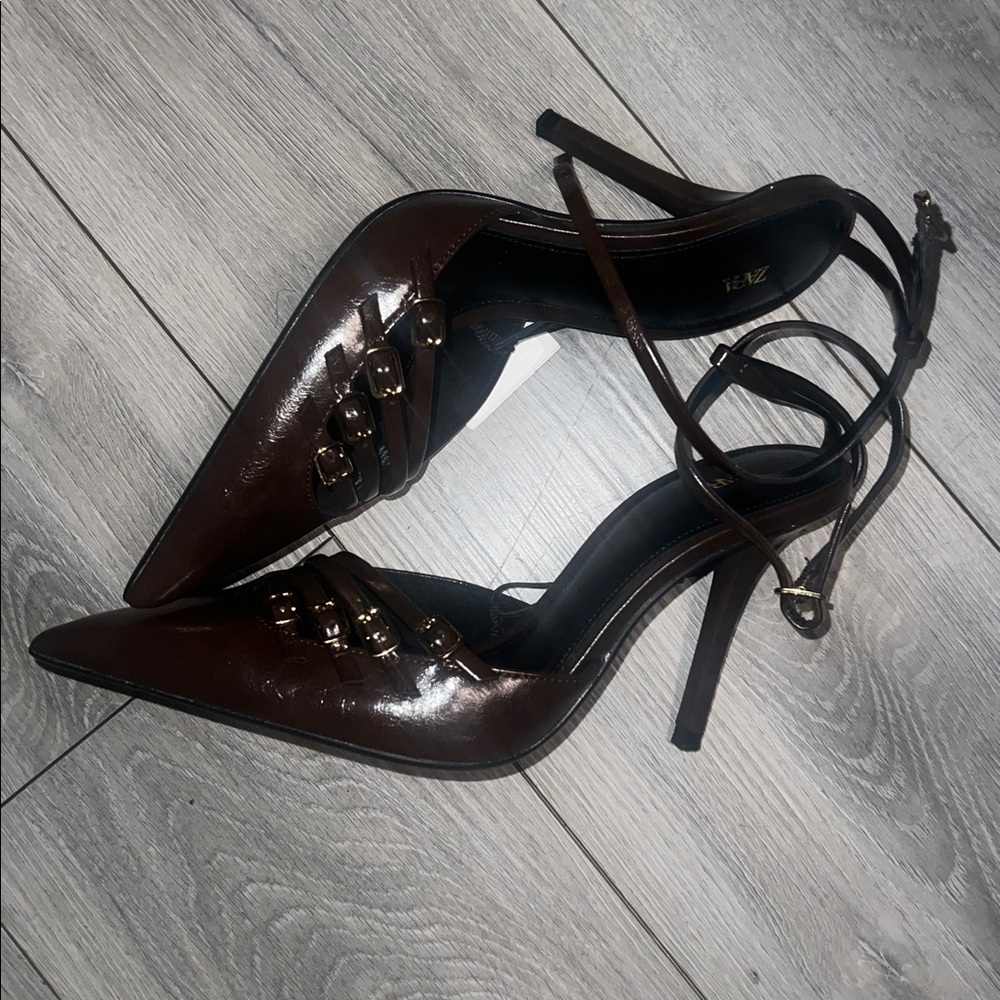 Zara Dark Brown Buckle Heels - Picture 6 of 7